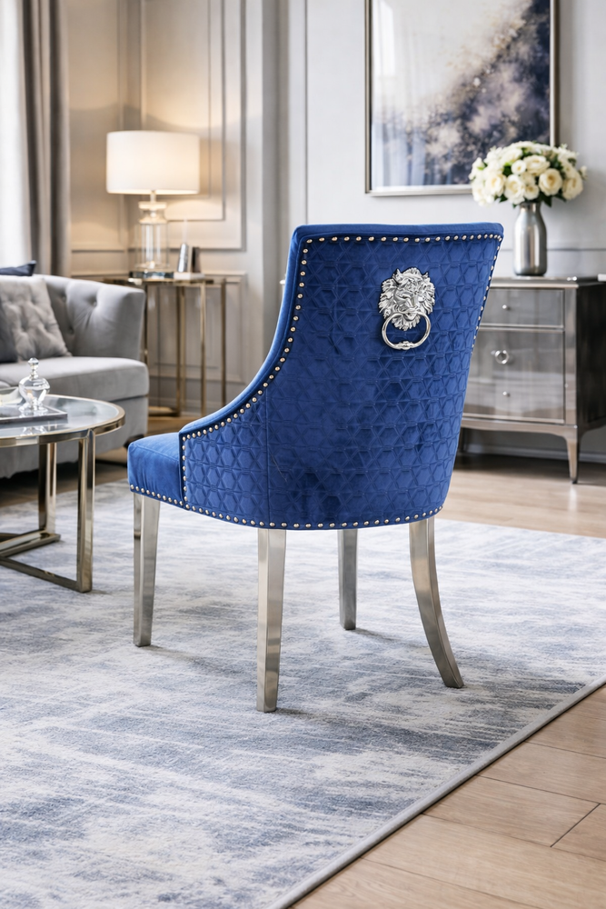 Roma Blue Chair (Lion Knocker/Chrome Legs)