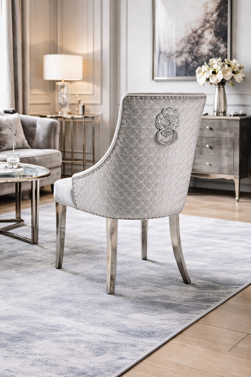 Roma Silver Grey Chair (Lion Knocker/Chrome Legs)