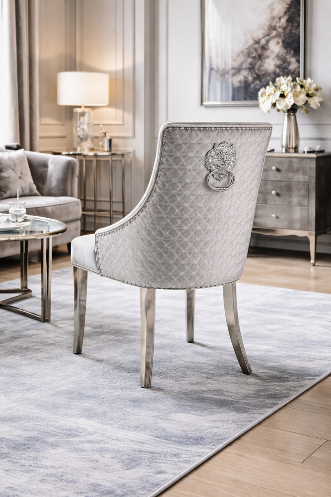 Roma Silver Grey Chair (Lion Knocker/Chrome Legs)