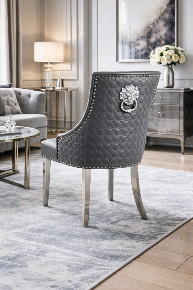 Roma PU Dark Grey Chair (Lion Knocker/Chrome Legs)