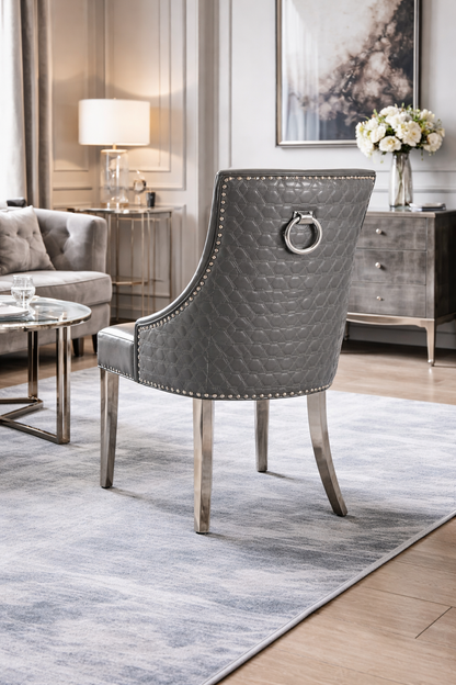 Roma PU Dark Grey Chair (Ring Knocker/Chrome Legs)