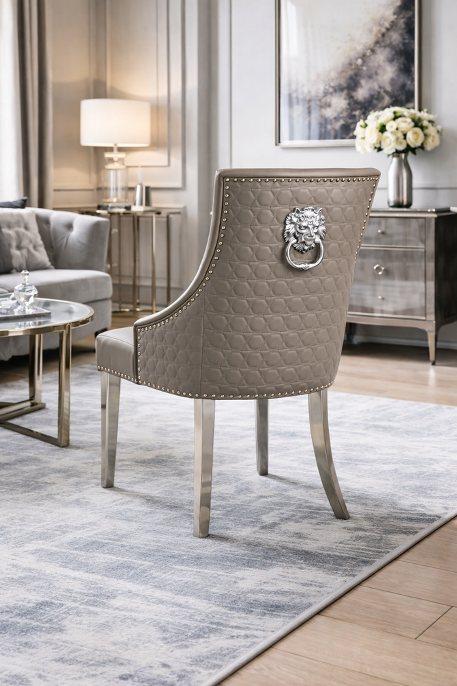Roma PU Light Grey Chair (Lion Knocker/Chrome Legs)