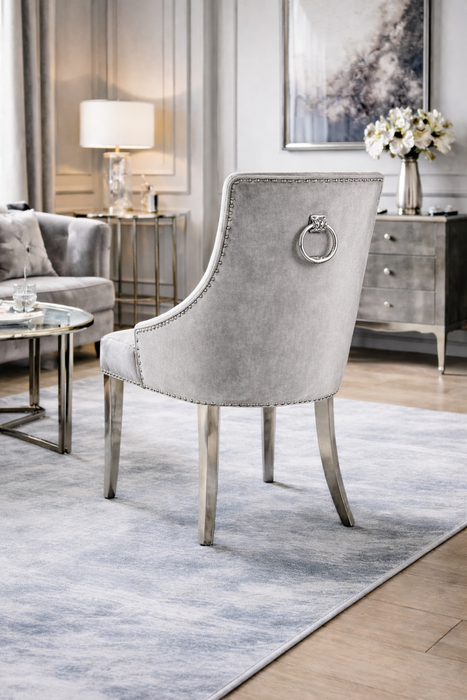 Jessica Silver Grey Chair (Ring Knocker/Chrome Legs)