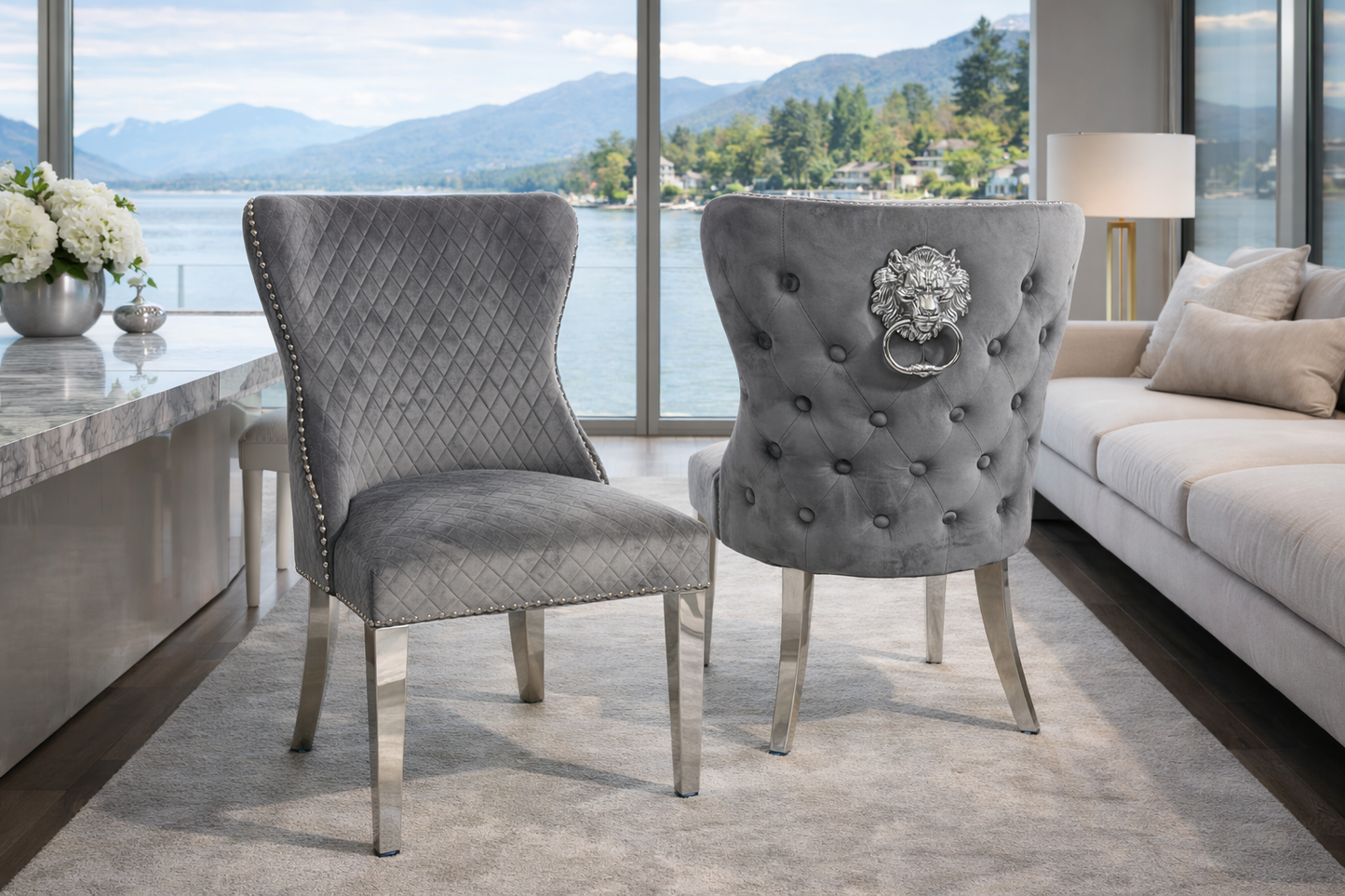 Lewis 01 Plush Dark Grey Chair (Lion Knocker/Chrome Legs)