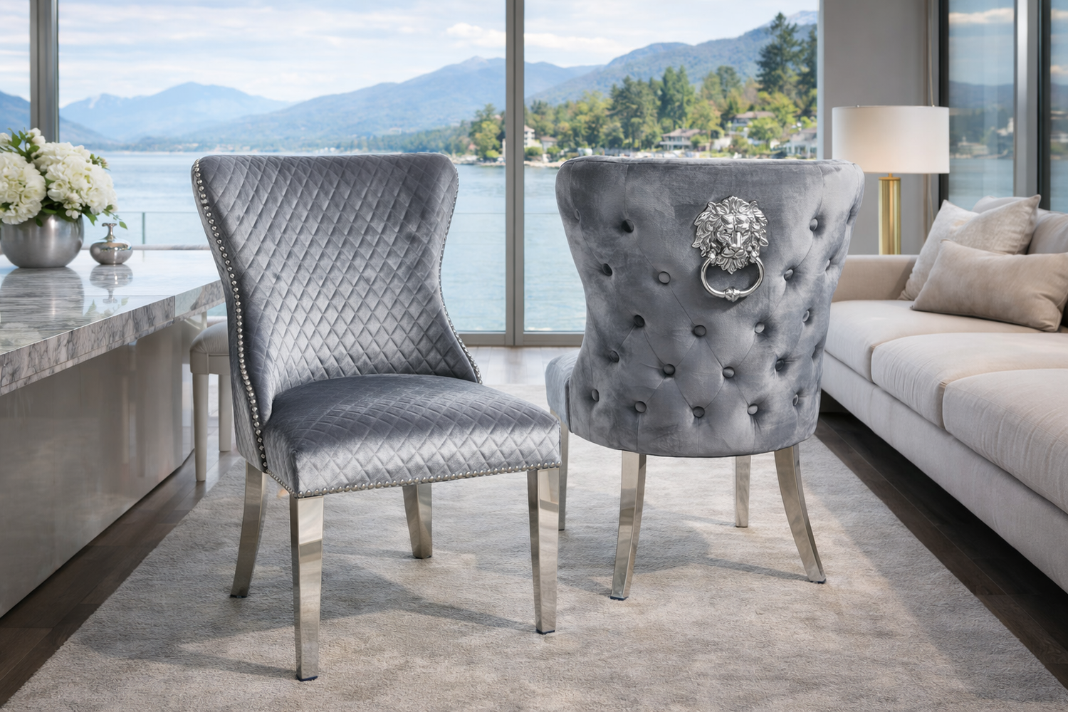 Lewis Light Grey Chair (Lion Knocker/Chrome Legs)