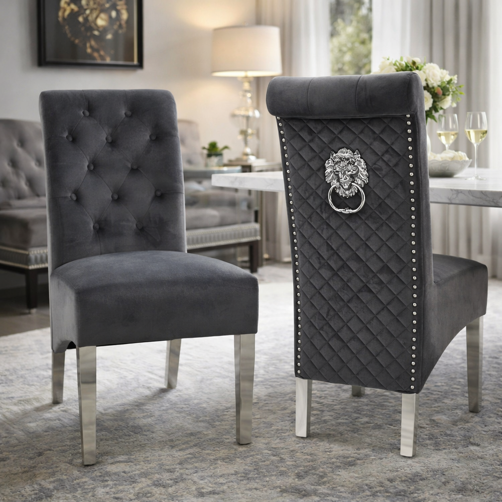 Lucy 01 Dark Grey Chair (Lion Knocker/Chrome Legs)