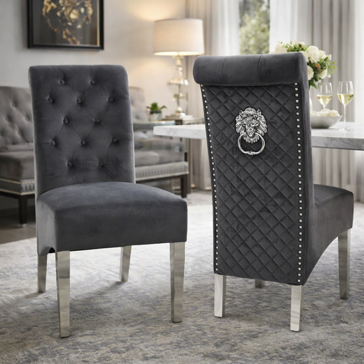 Lucy 01 Dark Grey Chair (Lion Knocker/Chrome Legs)