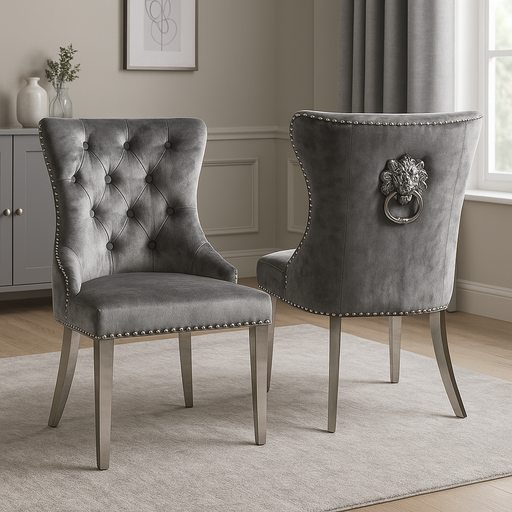 Lewis Light Grey Chair (Lion Knocker/Chrome Legs)