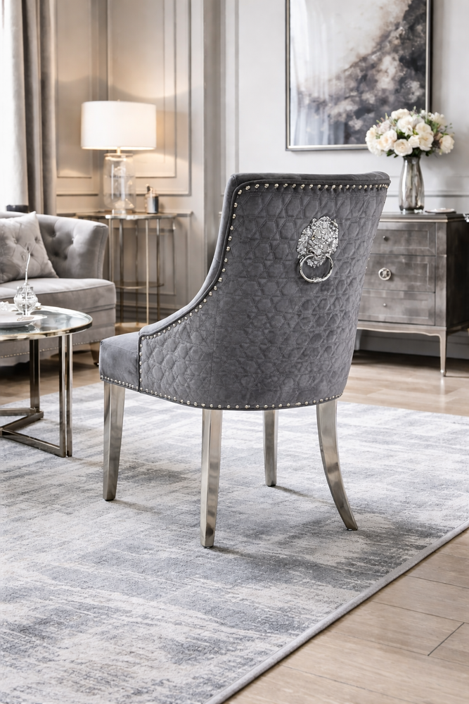 Roma Dark Grey Chair (Lion Knocker/Chrome Legs)
